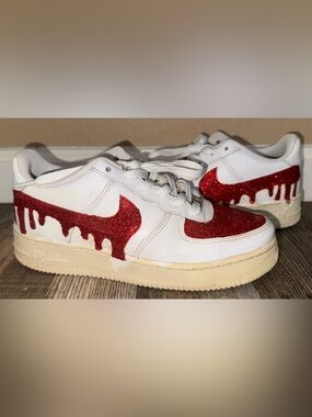 Size 6y youth Nike Air Force 1 White Sneakers Red Glitter Drip custom shoe lows